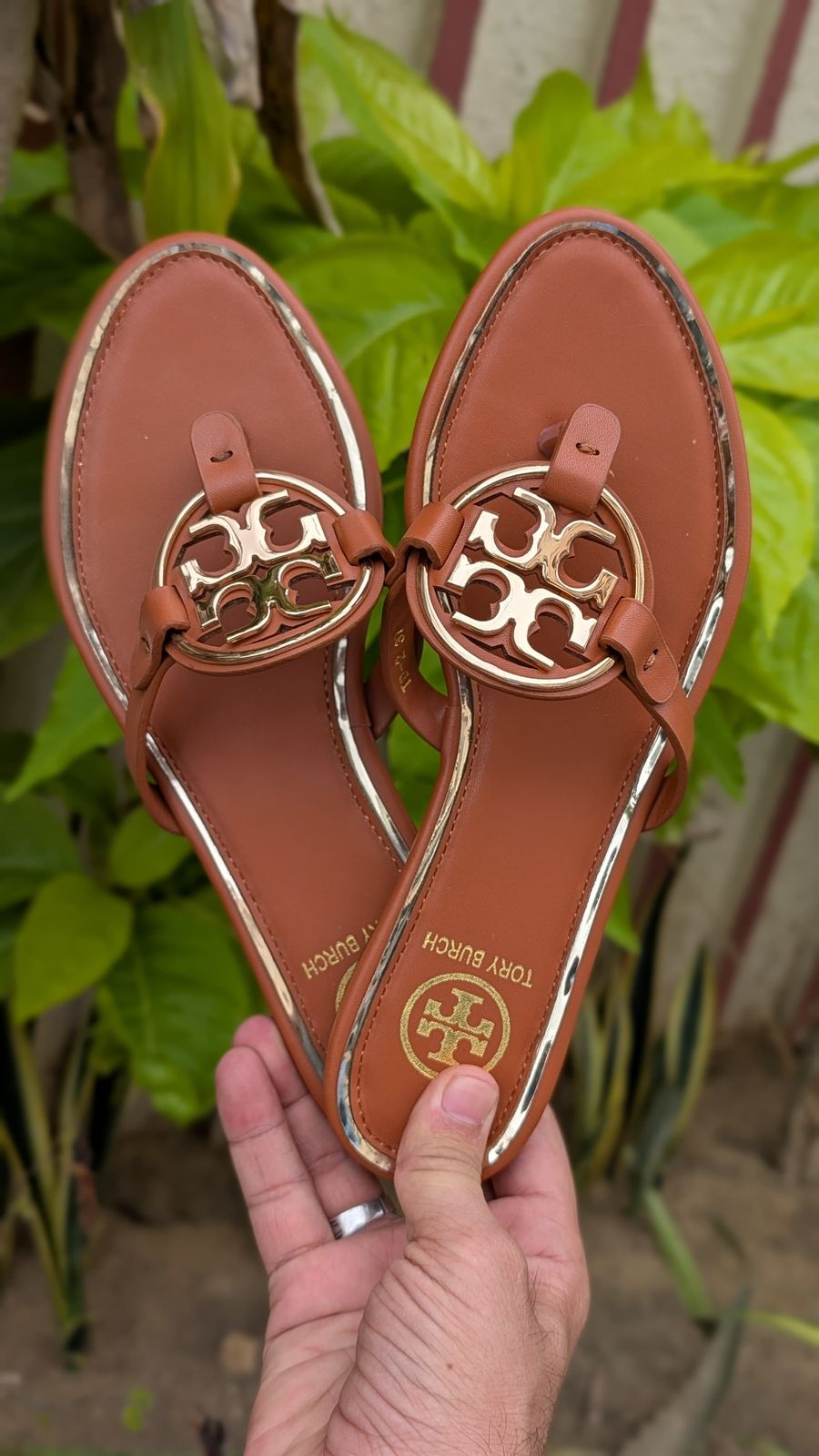 Tory burch Brown Gold Emblem Leather Flat Sandals