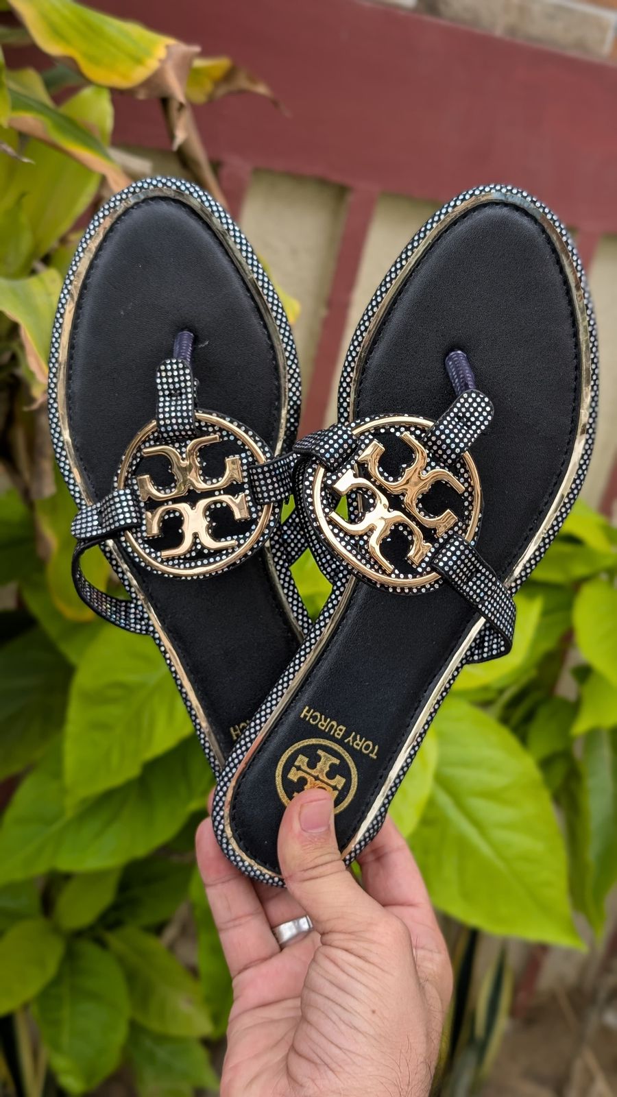 Tory burch Brown Gold Emblem Leather Flat Sandals