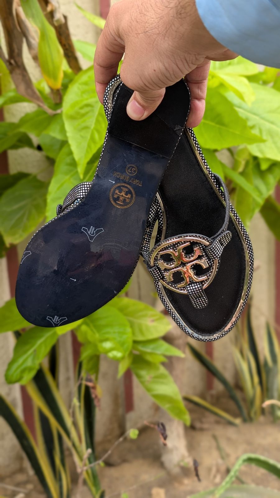 Tory burch Brown Gold Emblem Leather Flat Sandals