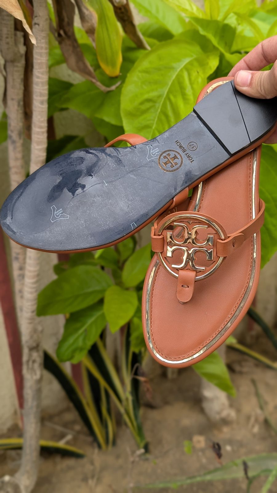 Tory burch Brown Gold Emblem Leather Flat Sandals