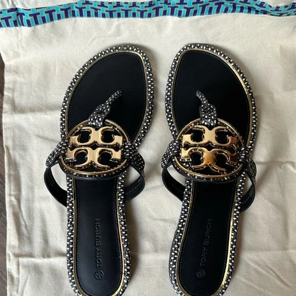 Tory burch Brown Gold Emblem Leather Flat Sandals