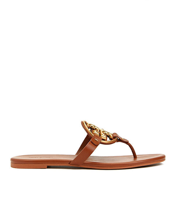 Tory burch Brown Gold Emblem Leather Flat Sandals