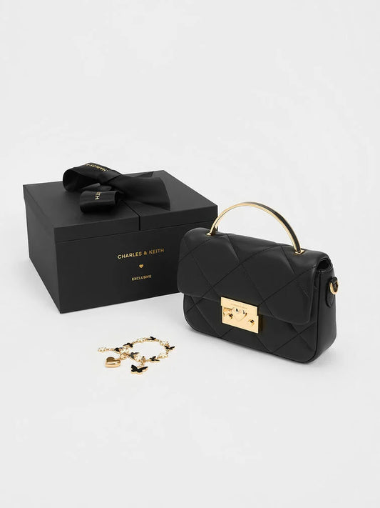 Charles & Keith Quilted Boxy Top Handle Bag - Black